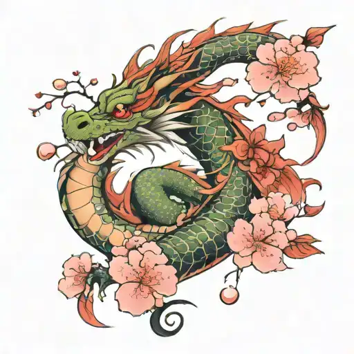 feminine dragon with cherry blossoms tattoo design idea