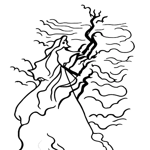 A haunting silhouette of a figure standing on a minimalist cliff, with the words 'haunt me then' in clear script font. tattoo design idea