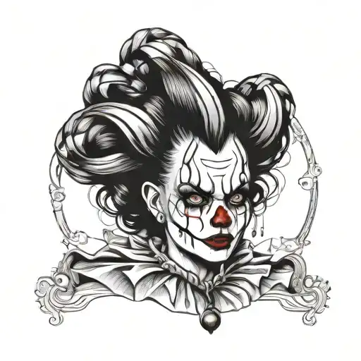 Gothic clown woman from the front with expansions in her ears tattoo design idea