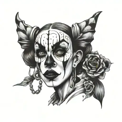 Gothic clown woman from the front with expansions in her ears tattoo design idea