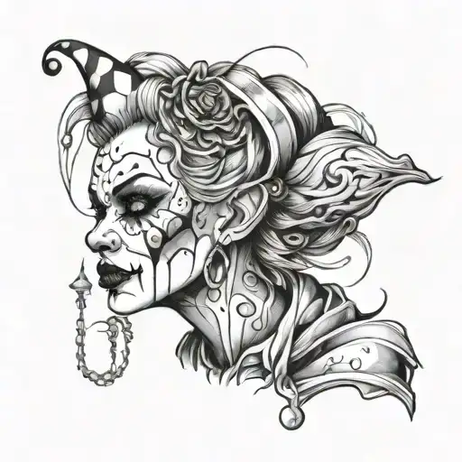 Gothic clown woman from the front with expansions in her ears tattoo design idea