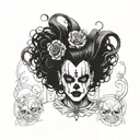 Gothic clown woman from the front with expansions in her ears tattoo design idea