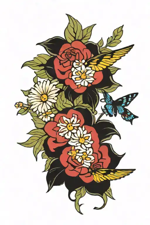 Daisy, Rose, Red cardinal, and butterfly   tattoo design idea