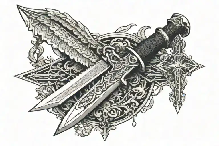 Bowie knife with eagle eyes on blade and attached to a cross necklace  tattoo design idea