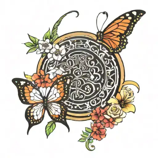 warrior in Arabic writing with flowers and butterflies around it  tattoo design idea
