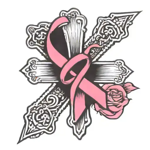 breast cancer ribbon hanging on a cross tattoo design idea
