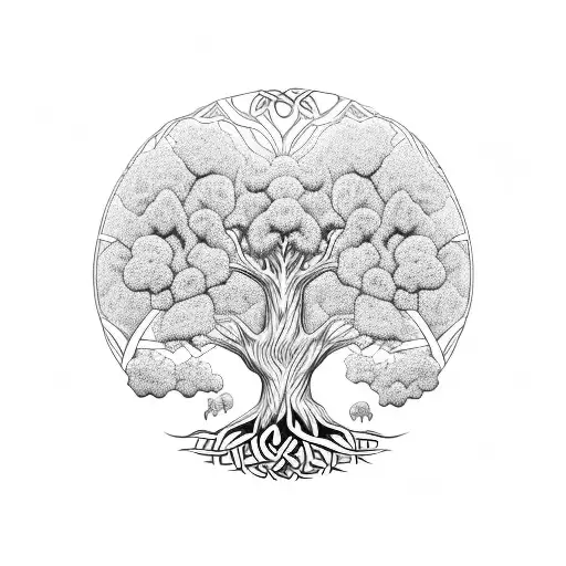 tree of life where the roots and half the trunk are Celtic  the rest of the trunk and branches are in line and dot style tattoo design idea