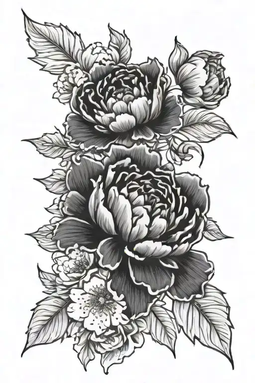 Peony, narcissus, cosmos, carnation, poppy and holly leaf tattoo design idea