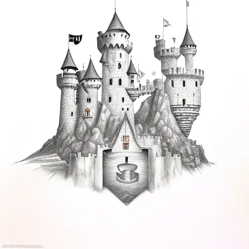 A medieval castle made of books with a Cheshire cat perched on top tattoo design idea