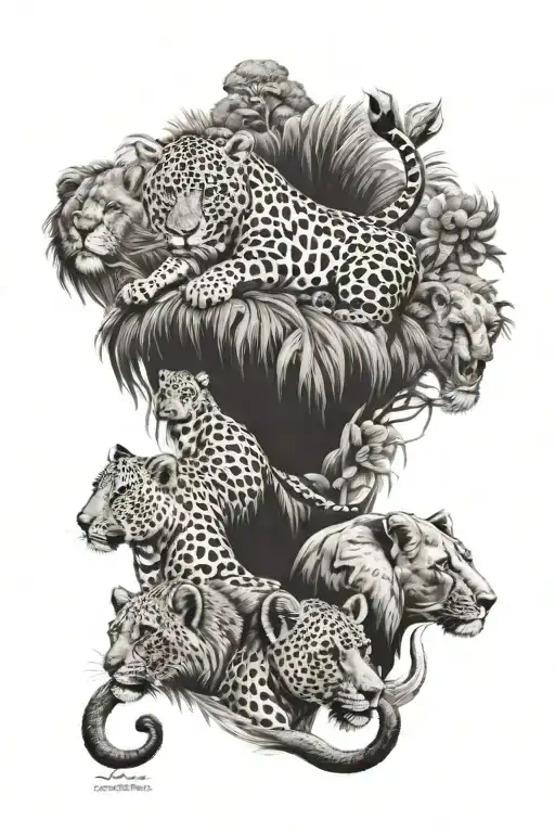 elephant cheetah chimpanzee and lion  tattoo design idea