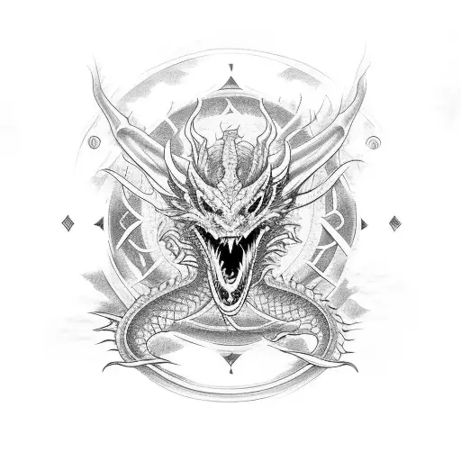 dragon with red sun  tattoo design idea