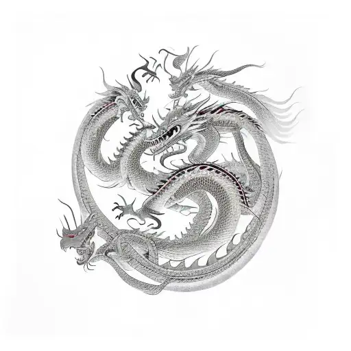 chinese dragon dancing in 3 skulls tattoo design idea