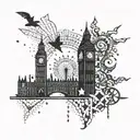london theme with sparkles and stippling  tattoo design idea