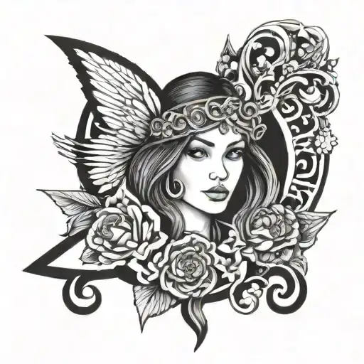 A stylized portrait of your daughter's name, Bade Loren, incorporating elements symbolizing victory tattoo design idea