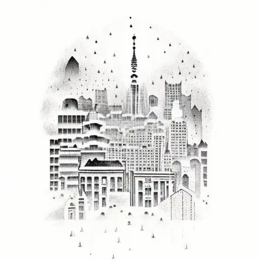Silhouette d'une ville sous la pluie avec un architecture  Haussmannien tattoo design idea