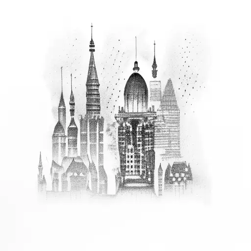 Une silhouette de ville sous la pluie avec une architecture haussmannienne peut créer une atmosphère élégante et mélanco tattoo design idea