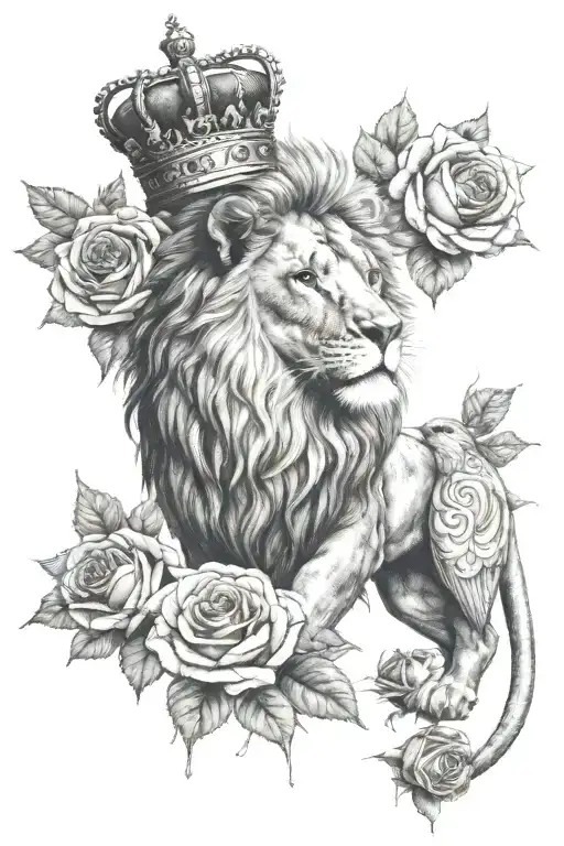 A lion with a crown surrounded by roses made of $100 American bills with a hummingbird drinking out of it tattoo design idea