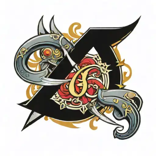 Letter G with swords behind and expressing loyalty  tattoo design idea