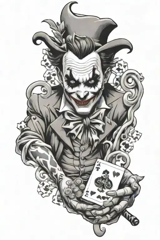 full sleeve tattoo based on gambling with your life and smirking joker hand tattoo tattoo design idea