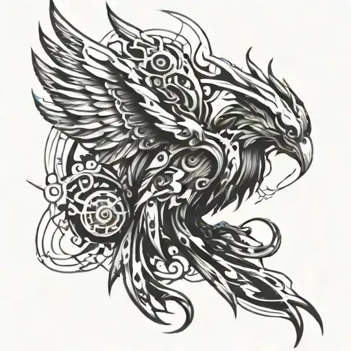 A futuristic biomechanical phoenix incorporating elements of technology and exercise equipment tattoo design idea