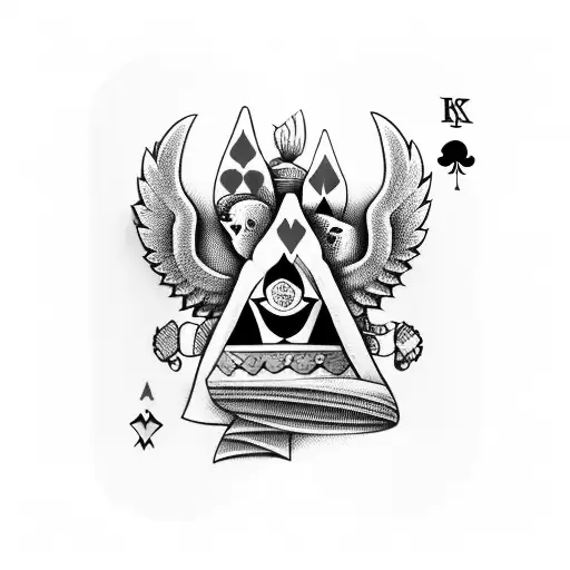 Two playing cards overlapping each other, one with clubs and the other with spades, then a hart with wings and a sword i tattoo design idea