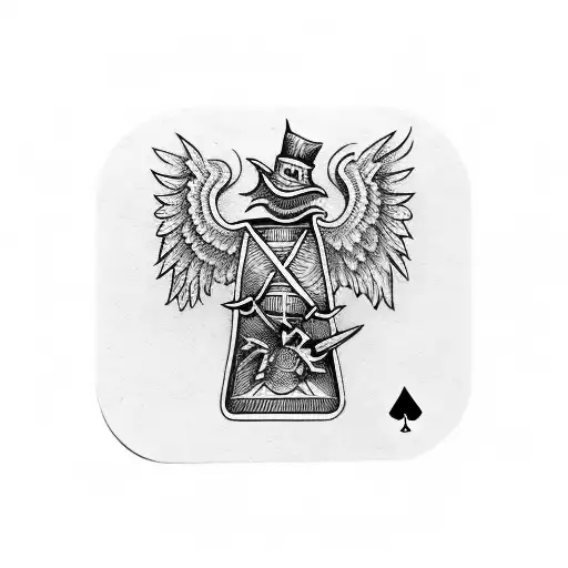 Two playing cards overlapping each other, one with clubs and the other with spades, then a hart with wings and a sword i tattoo design idea