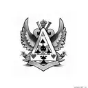 Two playing cards overlapping each other, one with clubs and the other with spades, then a hart with wings and a sword i tattoo design idea