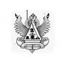 Two playing cards overlapping each other, one with clubs and the other with spades, then a hart with wings and a sword i tattoo design idea