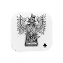 Two playing cards overlapping each other, one with clubs and the other with spades, then a hart with wings and a sword i tattoo design idea