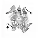 Two playing cards overlapping each other, one with clubs and the other with spades, then a hart with wings and a sword i tattoo design idea