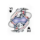 Two playing cards overlapping each other, one with clubs and the other with spades, then a hart with wings and a sword i tattoo design idea