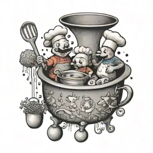 A tattoo of a whimsical kitchen scene with anthropomorphic food characters cooking together in a pot tattoo design idea