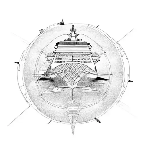 world with a cruise ship below and an aeroplane above  tattoo design idea