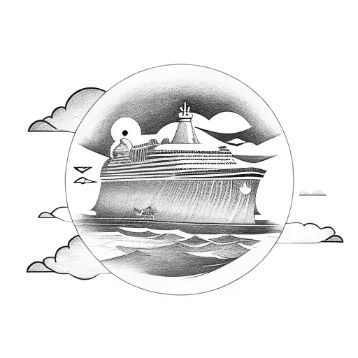 a circular globe with a cruise ship below and a plane above tattoo design idea