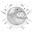 globe with a cruise ship around the bottom and an aeroplane around the top tattoo design idea