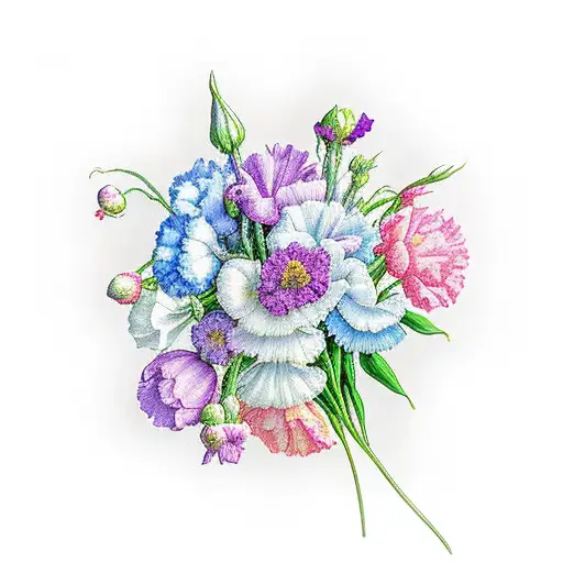 flower Boutique that includes Carnations,Sweetpea, narcissus and peonies bold color tattoo design idea