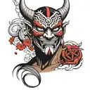 Oni mask split in half with anonymous mask on the other side tattoo design idea