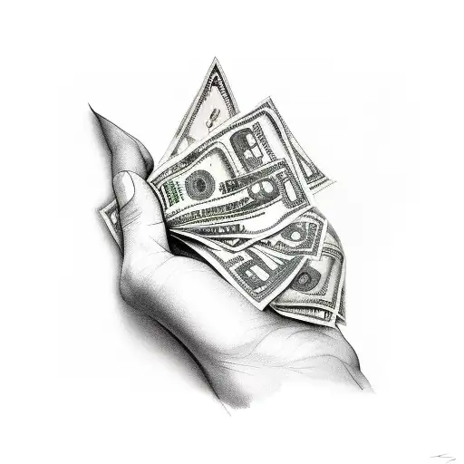 A hand holding a wad of cash, with money flowing out as if being spent extravagantly tattoo design idea
