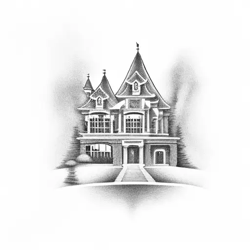 A mansion surrounded by stacks of money, illustrating the client's success as a real estate developer tattoo design idea