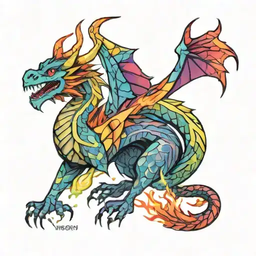 geometric fantasy dragon breathing rainbow fire  tattoo design idea