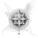 phoenix flying over a compass, surrounded by roses, musical notes tattoo design idea