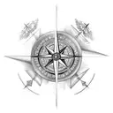 phoenix flying over a compass, surrounded by roses, musical notes tattoo design idea