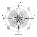 phoenix flying over a compass, surrounded by roses, musical notes tattoo design idea