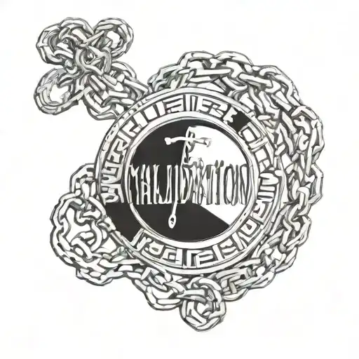  A mirror at the center with the word "Validation" written on the surface. Chains extend from the mirror's reflection, w tattoo design idea