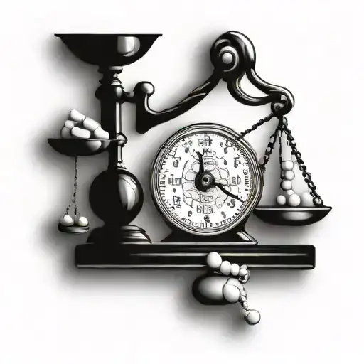 A set of balance scales with "Validation" on one side and pills on the other. The scales are slightly tipped, emphasizin tattoo design idea