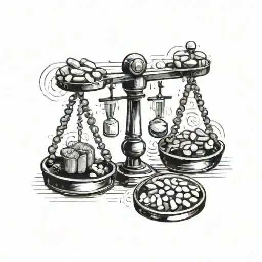 A set of balance scales with "Validation" on one side and pills on the other. The scales are slightly tipped, emphasizin tattoo design idea