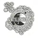  A mirror at the center with the word "Validation" written on the surface. Chains extend from the mirror's reflection, w tattoo design idea