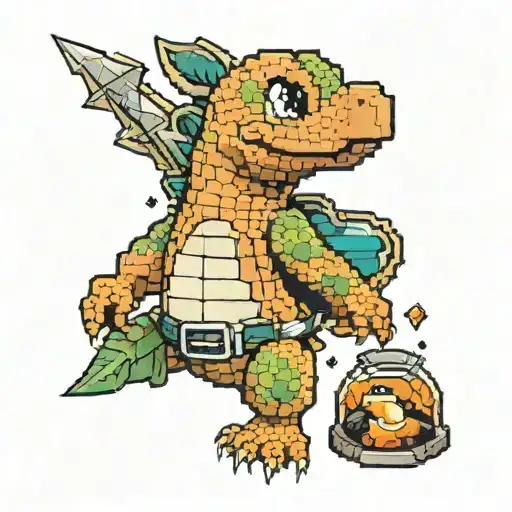 Create a tattoo with the Palmeiras logo, pet paw, Charmander in pixel art, pickaxe with pebbles from the movie Shawshank tattoo design idea