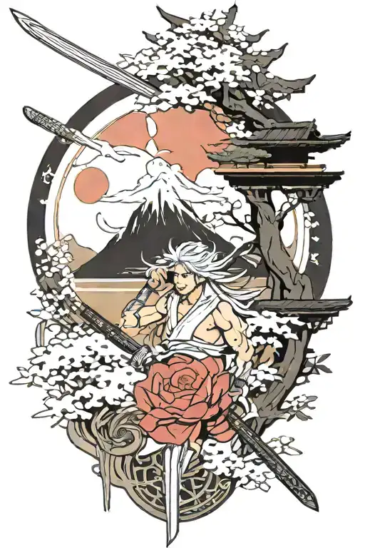 Shrine Gate with a katana, a moon, and giant moon tattoo design idea