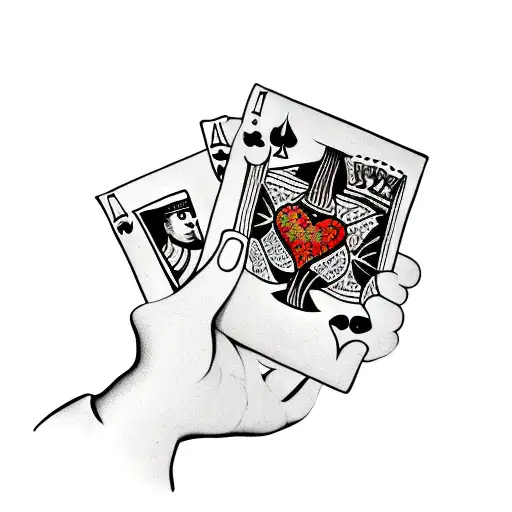 Single human hand holding up 2 playing cards, an ace of hearts and a 10 of clubs tattoo design idea